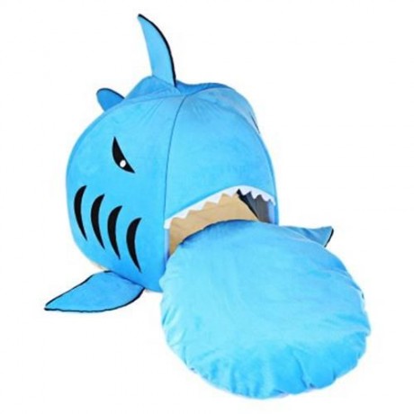 NOVELTY SOFT SHARK MOUTH SHAPE DOGHOUSE PET SLEEPING BED WITH REMOVABLE CUSHION (BLUE)