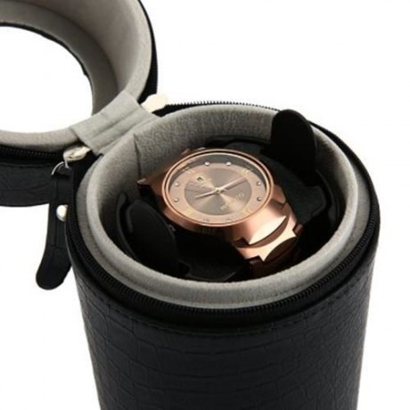 JA1302 AUTO SILENT WATCH WINDER CYLINDER SHAPE WRISTWATCH BOX WITH US PLUG (BLACK)
