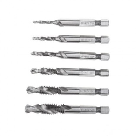 6PCS HSS INCH HEX SHANK COMBINATION DRILL BITS TAP COUNTERSINK SET (SILVER)