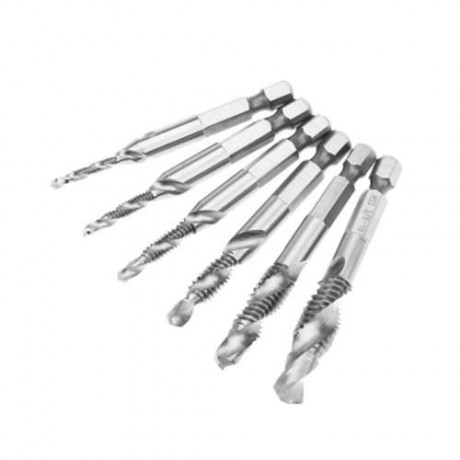 6PCS HSS INCH HEX SHANK COMBINATION DRILL BITS TAP COUNTERSINK SET (SILVER)