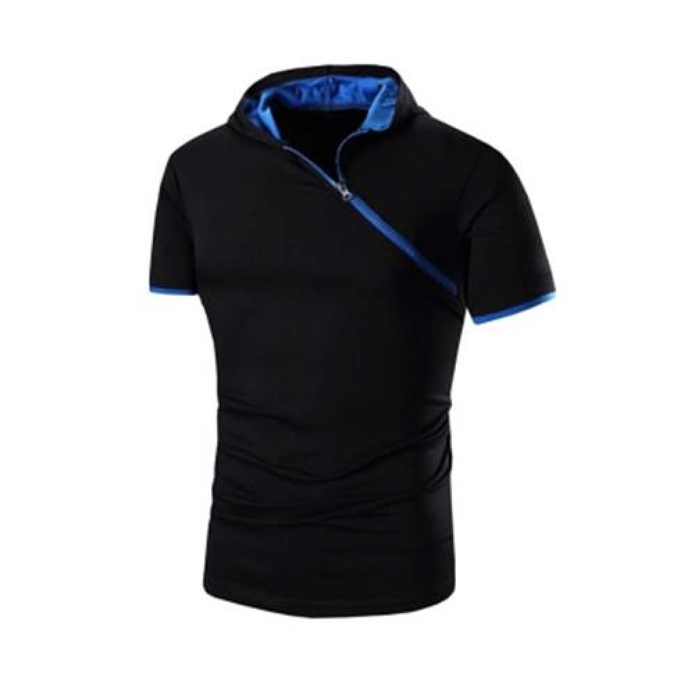 MALE SOLID COLOR INCLINED ZIPPER DESIGN HOODED SHIRTS (BLUE AND BLACK)