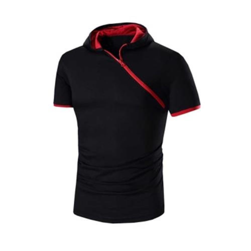 MALE SOLID COLOR INCLINED ZIPPER DESIGN HOODED SHIRTS (RED WITH BLACK)