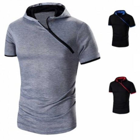 MALE SOLID COLOR INCLINED ZIPPER DESIGN HOODED SHIRTS (RED WITH BLACK)