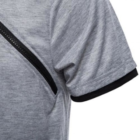MALE SOLID COLOR INCLINED ZIPPER DESIGN HOODED SHIRTS (GRAY)