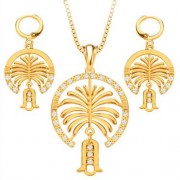 2PCS RHINESTONE EMBELLISHED HOLLOW 18K GOLD PLATED NECKLACE EARRING JEWELRY SETS (GOLDEN)