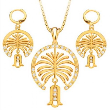 2PCS RHINESTONE EMBELLISHED HOLLOW 18K GOLD PLATED NECKLACE EARRING JEWELRY SETS (GOLDEN)
