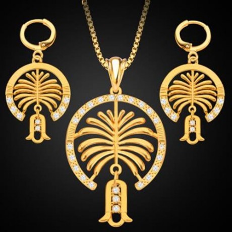 2PCS RHINESTONE EMBELLISHED HOLLOW 18K GOLD PLATED NECKLACE EARRING JEWELRY SETS (GOLDEN)