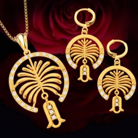 2PCS RHINESTONE EMBELLISHED HOLLOW 18K GOLD PLATED NECKLACE EARRING JEWELRY SETS (GOLDEN)