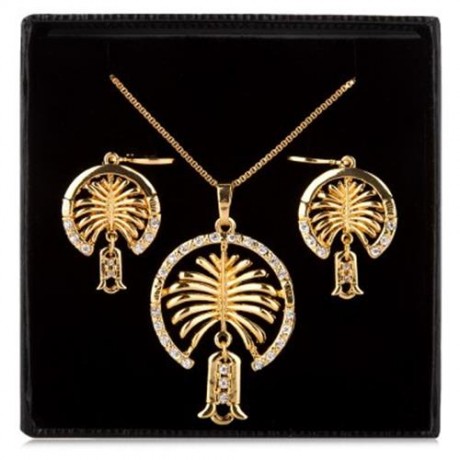 2PCS RHINESTONE EMBELLISHED HOLLOW 18K GOLD PLATED NECKLACE EARRING JEWELRY SETS (GOLDEN)