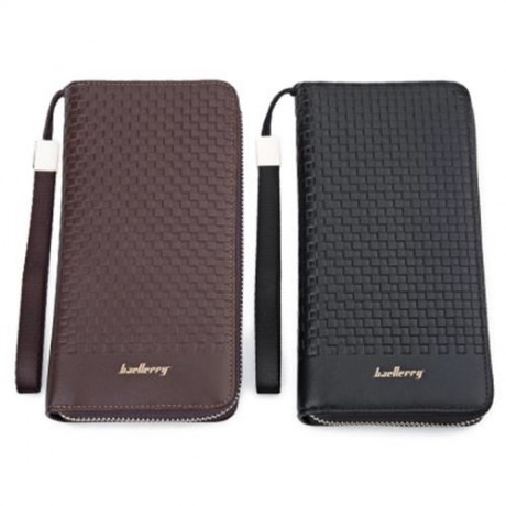 BAELLERRY WEAVE PLAID LETTER ZIPPER CLUTCH PORTABLE WALLET FOR MEN (BLACK)