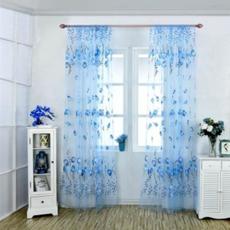 1M X 2M CHIFFON GAUZE VOILE WALL ROOM DIVIDER TULIP FLORAL PRINTED CURTAIN (BLUE)