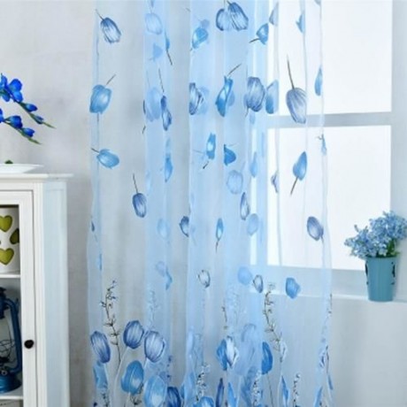 1M X 2M CHIFFON GAUZE VOILE WALL ROOM DIVIDER TULIP FLORAL PRINTED CURTAIN (BLUE)