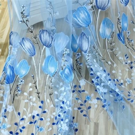 1M X 2M CHIFFON GAUZE VOILE WALL ROOM DIVIDER TULIP FLORAL PRINTED CURTAIN (BLUE)