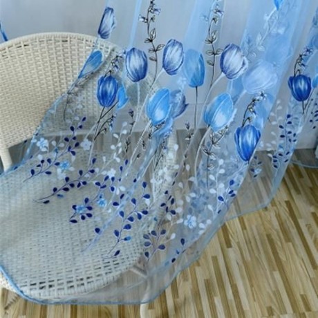 1M X 2M CHIFFON GAUZE VOILE WALL ROOM DIVIDER TULIP FLORAL PRINTED CURTAIN (BLUE)