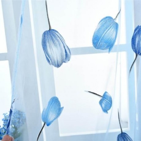 1M X 2M CHIFFON GAUZE VOILE WALL ROOM DIVIDER TULIP FLORAL PRINTED CURTAIN (BLUE)