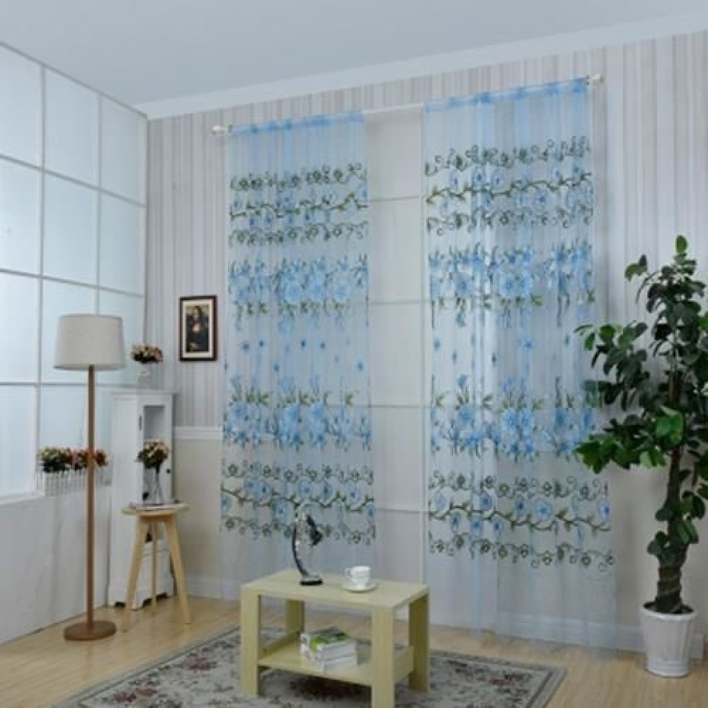1M X 2M FLORAL PRINTED TULLE VOILE WALL ROOM DIVIDER CURTAIN (BLUE)
