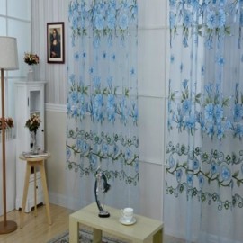 1M X 2M FLORAL PRINTED TULLE VOILE WALL ROOM DIVIDER CURTAIN (BLUE)