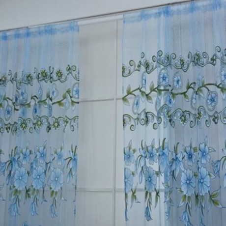 1M X 2M FLORAL PRINTED TULLE VOILE WALL ROOM DIVIDER CURTAIN (BLUE)