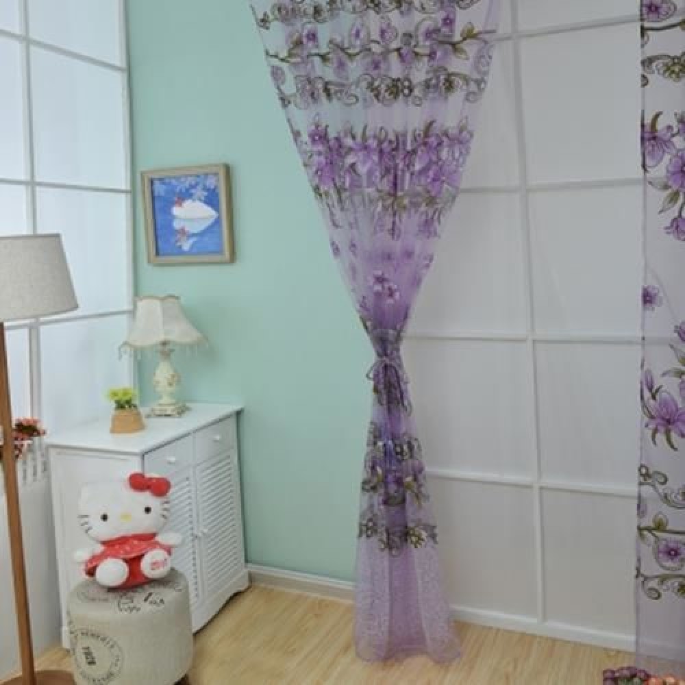 1M X 2M FLORAL PRINTED TULLE VOILE WALL ROOM DIVIDER CURTAIN (PURPLE)