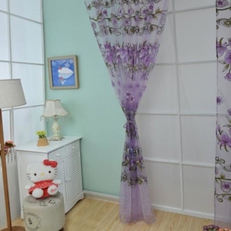 1M X 2M FLORAL PRINTED TULLE VOILE WALL ROOM DIVIDER CURTAIN (PURPLE)