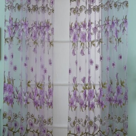 1M X 2M FLORAL PRINTED TULLE VOILE WALL ROOM DIVIDER CURTAIN (PURPLE)