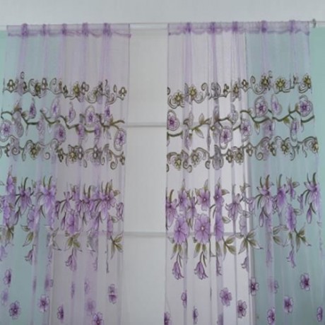 1M X 2M FLORAL PRINTED TULLE VOILE WALL ROOM DIVIDER CURTAIN (PURPLE)