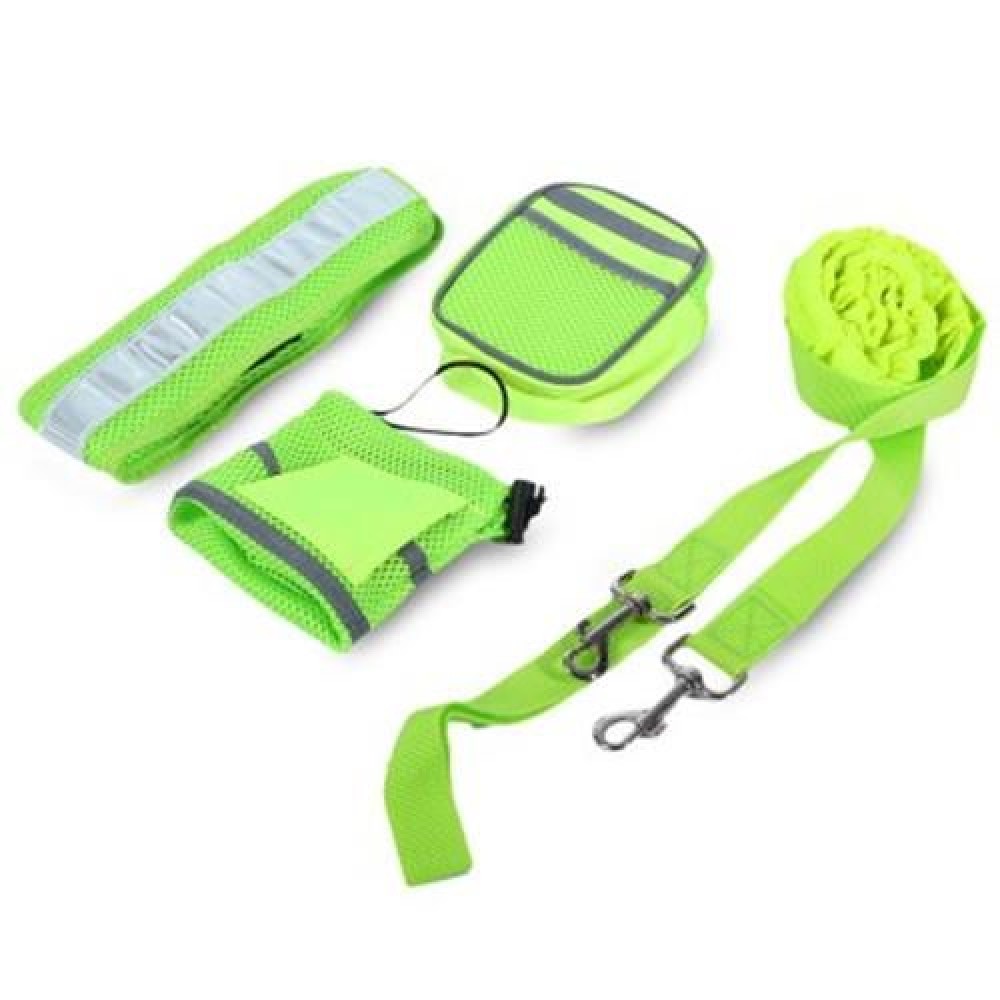 NYLON FOUR-PIECE DOG PET CONTROL COLLAR ELASTIC HANDS FREE LEASH WITH REFLECTIVE BELT (GRE