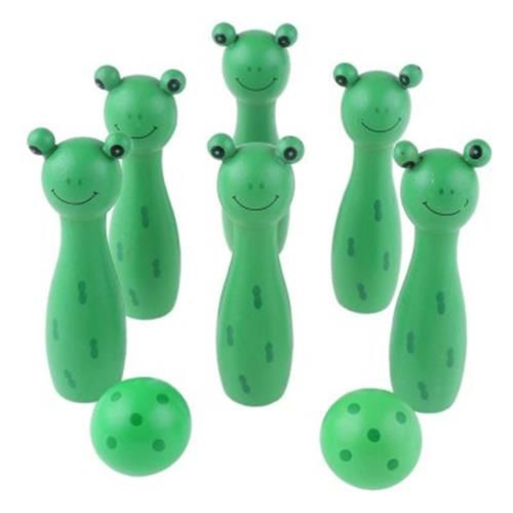 WOODEN MINI CARTOON BOWLING BALL SKITTLE GAME TOY ANIMAL SHAPE (GREEN)