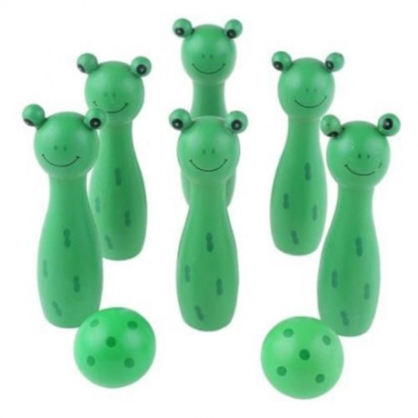 WOODEN MINI CARTOON BOWLING BALL SKITTLE GAME TOY ANIMAL SHAPE (GREEN)