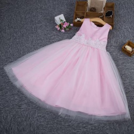 CUTE SOLID COLOR GIRLS LACE PRINCESS DRESS FOR PERFORM (PINK)