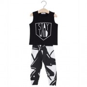 2PCS TRENDY KIDS SLEEVELESS ROUND NECK T-SHIRT TROUSERS (BLACK)