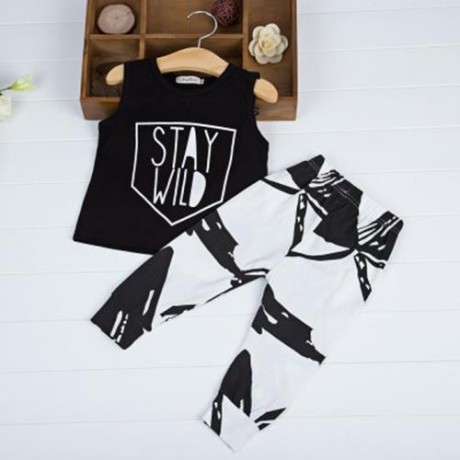 2PCS TRENDY KIDS SLEEVELESS ROUND NECK T-SHIRT TROUSERS (BLACK)