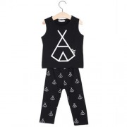 2PCS TRENDY KIDS TENT PRINTED COTTON SLEEVELESS VEST TROUSERS (BLACK)