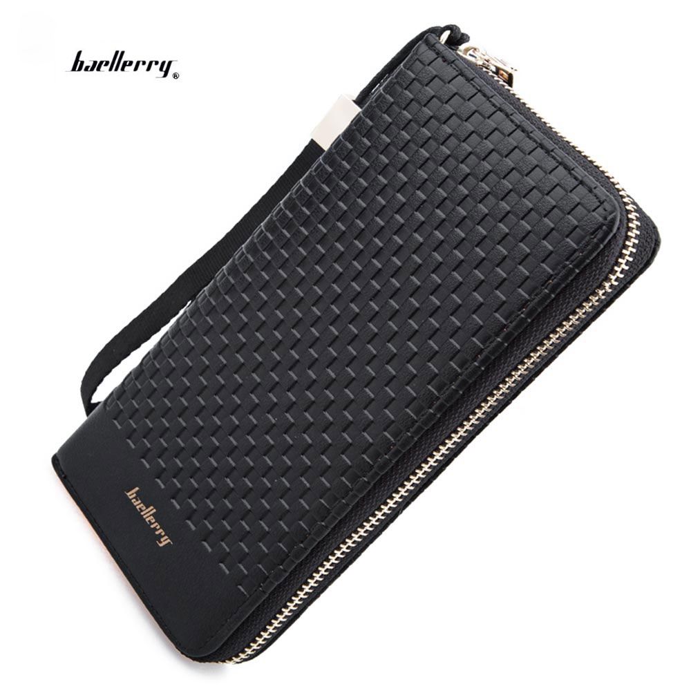 MEN WEAVE PLAID LETTER ZIPPER CLUTCH WALLET (BLACK)