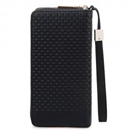 MEN WEAVE PLAID LETTER ZIPPER CLUTCH WALLET (BLACK)