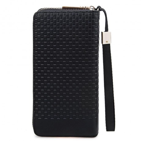 MEN WEAVE PLAID LETTER ZIPPER CLUTCH WALLET (BLACK)