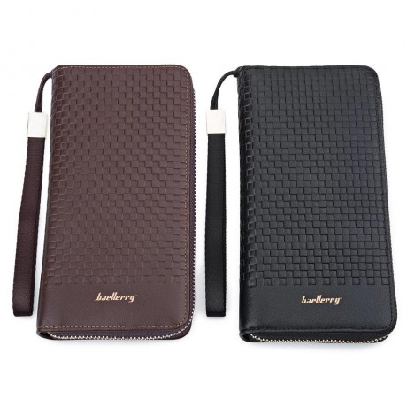 MEN WEAVE PLAID LETTER ZIPPER CLUTCH WALLET (BLACK)