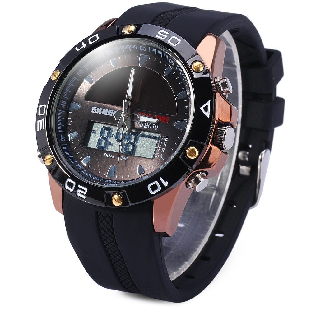 SKMEI 1064 SOLAR POWER DUAL MOVT LED WATCH MILITARY SPORTS WRISTWATCH (COFFEE)