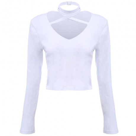V-NECK LONG SLEEVE CRISS-CROSS BANDAGE KNITTED CROP TOP (WHITE, SIZE S/M/L/XL)