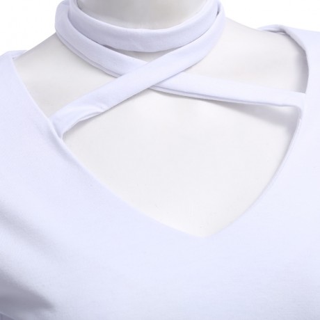 V-NECK LONG SLEEVE CRISS-CROSS BANDAGE KNITTED CROP TOP (WHITE, SIZE S/M/L/XL)