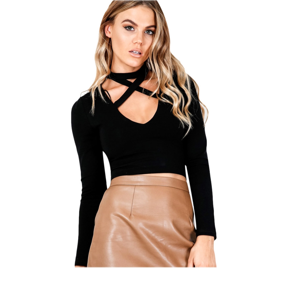 V-NECK LONG SLEEVE CRISS-CROSS BANDAGE KNITTED CROP TOP (BLACK, SIZE S/M/L/XL)