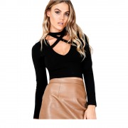 V-NECK LONG SLEEVE CRISS-CROSS BANDAGE KNITTED CROP TOP (BLACK, SIZE S/M/L/XL)