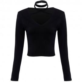 V-NECK LONG SLEEVE CRISS-CROSS BANDAGE KNITTED CROP TOP (BLACK, SIZE S/M/L/XL)