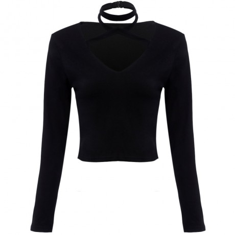 V-NECK LONG SLEEVE CRISS-CROSS BANDAGE KNITTED CROP TOP (BLACK, SIZE S/M/L/XL)