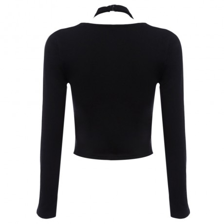 V-NECK LONG SLEEVE CRISS-CROSS BANDAGE KNITTED CROP TOP (BLACK, SIZE S/M/L/XL)
