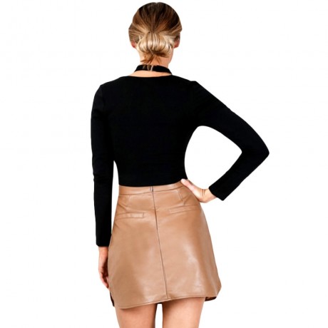 V-NECK LONG SLEEVE CRISS-CROSS BANDAGE KNITTED CROP TOP (BLACK, SIZE S/M/L/XL)