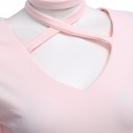 V-NECK LONG SLEEVE CRISS-CROSS BANDAGE KNITTED CROP TOP (PINKBEIGE, SIZE S/M/L/XL)