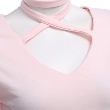V-NECK LONG SLEEVE CRISS-CROSS BANDAGE KNITTED CROP TOP (PINKBEIGE, SIZE S/M/L/XL)