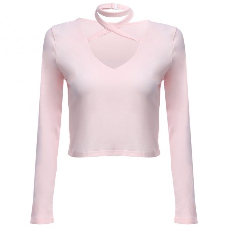 V-NECK LONG SLEEVE CRISS-CROSS BANDAGE KNITTED CROP TOP (PINKBEIGE, SIZE S/M/L/XL)