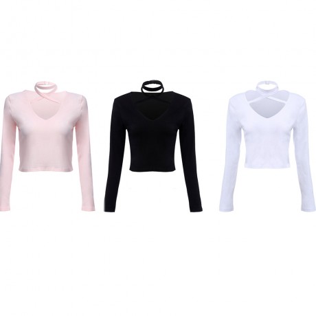 V-NECK LONG SLEEVE CRISS-CROSS BANDAGE KNITTED CROP TOP (PINKBEIGE, SIZE S/M/L/XL)